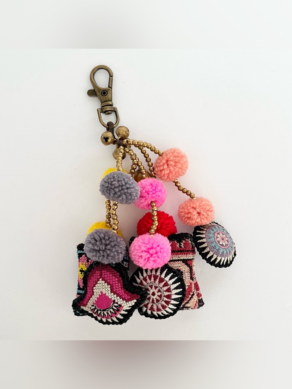 NEW Handmade in Thailand Bag Purse Charm Colorful Pom Poms Crochet Cushions